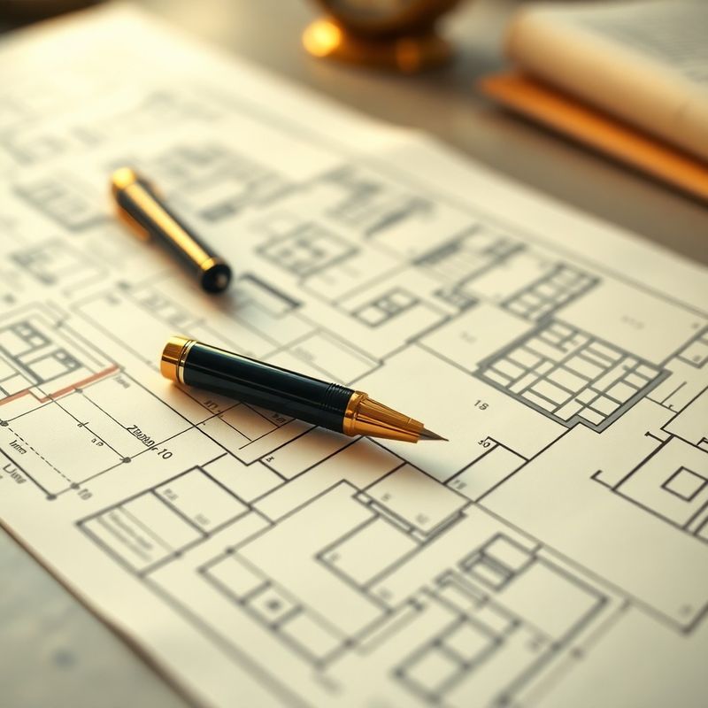 Planuri arhitecturale și un stilou pe un birou gri-piatră, ilustrând planificarea financiară