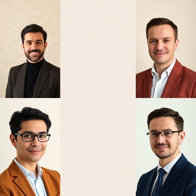 Patru portrete profesionale aranjate într-o grilă, pe fundal neutru de piatră cu accente de mentă